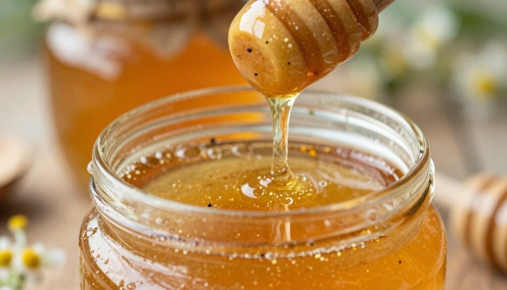 A close-up view of a jar filled with raw honey, showcasing delicate bubbles rising to the surface. The honey is rich and golden, adorned with tiny flecks of beeswax and colorful pollen particles suspended within. In the foreground, glistening honey drips from a wooden dipper, accentuating its smooth texture. The middle ground features a blurred honey jar with sunlight filtering through, illuminating the honey's amber hues and creating a warm, inviting atmosphere. The background consists of soft, natural tones; perhaps hints of wildflowers or gently blurred beehives to suggest the source of the honey. The lighting is soft and diffused, casting a serene glow over the scene, evoking a sense of nature's bounty and artisanal craftsmanship.