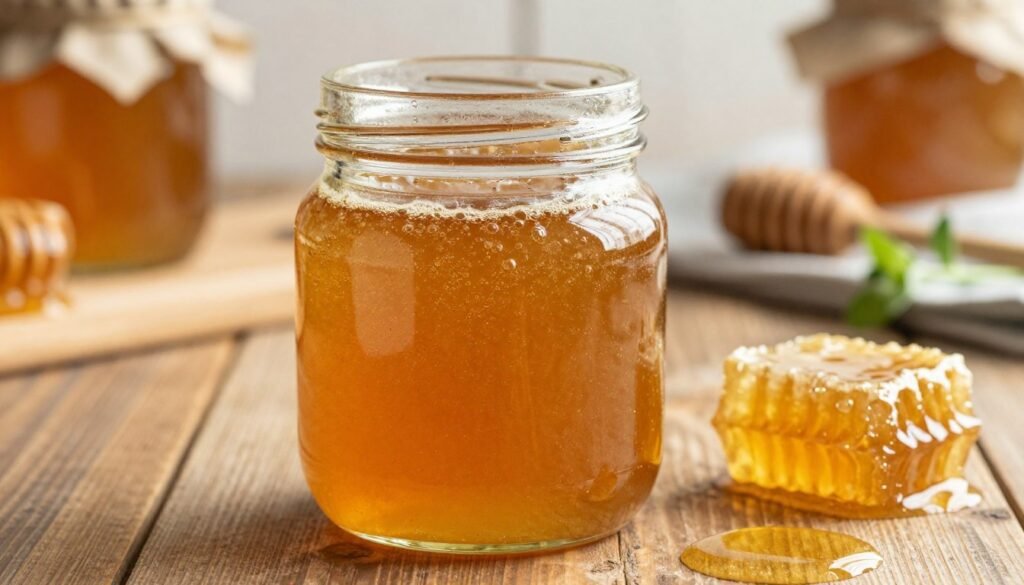 A close-up view of a jar filled with slightly cloudy, golden-brown fermented honey, showcasing bubbles and a thick, syrupy texture. The jar is placed on a rustic wooden kitchen table, with a few honeycomb pieces scattered around to emphasize the natural ingredients. In the background, soft, warm lighting enhances the honey’s rich color, while blurred kitchen utensils and jars suggest a homely, inviting atmosphere. A hint of natural greenery, like small herbs or flowers, peeks in from the side, adding freshness to the setting. Capture the intricate details of the honey's surface and the play of light, reflecting the artisanal quality and nuance of managing fermented honey batches. Overall, the image should evoke a sense of warmth and home craftsmanship.