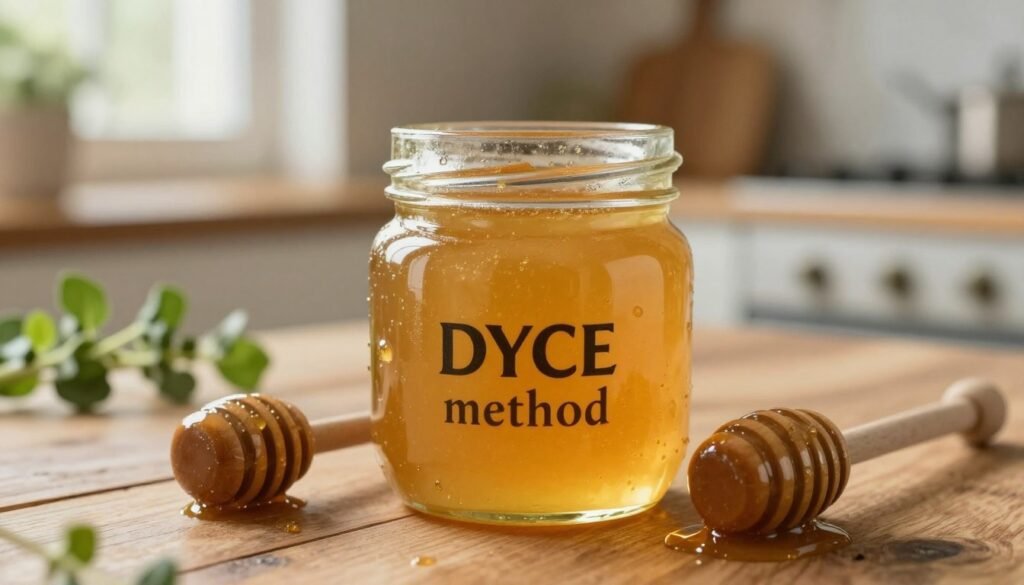 A close-up view of a jar of Dyce method creamed honey, showing its smooth, creamy texture and rich golden hue. In the foreground, the jar is artfully placed on a rustic wooden table, with a honey dipper resting beside it, glistening with honey. The middle ground features a soft-focus backdrop of a cozy kitchen, with subtle hints of natural light streaming through a window, creating a warm and inviting atmosphere. The background includes blurred out gardening herbs, enhancing the natural essence of honey production. The overall mood is artisanal and wholesome, emphasizing the uniqueness of the Dyce method for controlled crystallization. The lighting is soft and warm, evoking a sense of home and craftsmanship.