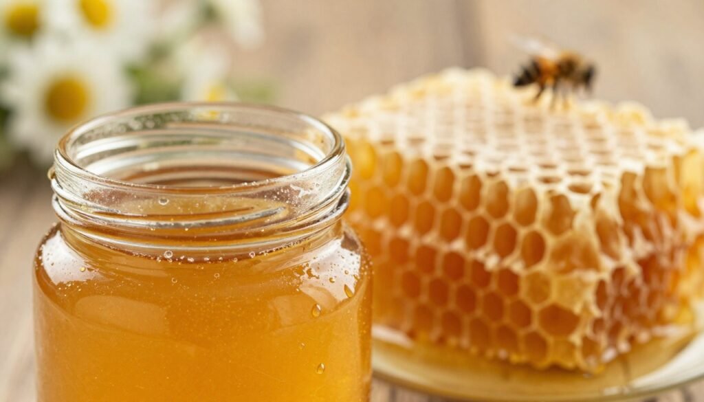 A close-up view of a jar of capped honey in the foreground, showcasing the rich, golden hue of the honey with glistening droplets highlighting its high moisture content. Surrounding the jar are subtle representations of fermentation risks, like small bubbles or a faint haze to indicate the potential for spoilage. In the middle ground, a honeycomb structure can be seen, its hexagonal cells filled with honey, emphasizing the natural process. Soft, warm lighting enhances the inviting texture of the honey and the honeycomb, creating a cozy atmosphere. In the background, there are blurred silhouettes of nature, such as flowers and bees, suggesting the organic origin of the honey. The overall mood is informative yet calming, focusing on the importance of managing moisture levels effectively.