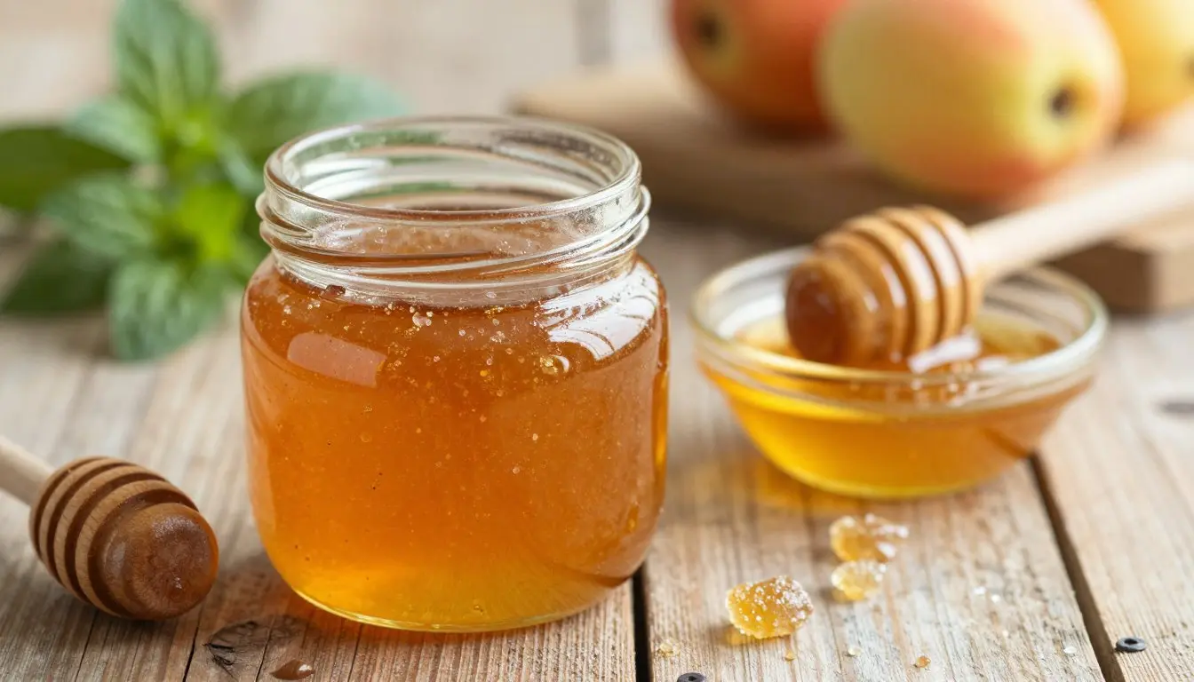 A close-up view of a jar of crystallized honey, showcasing its beautiful, shimmering golden texture with glistening sugar