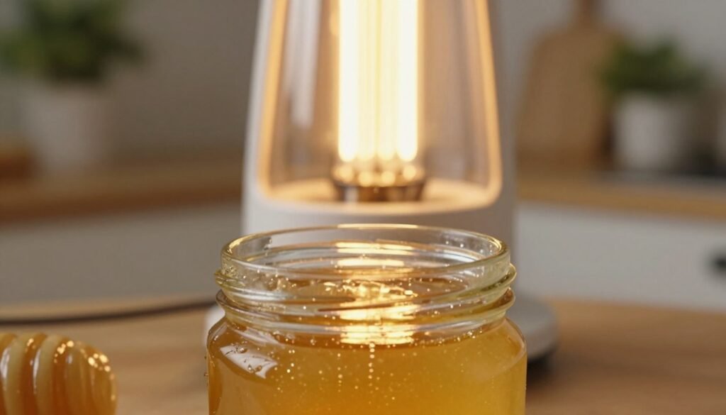 A close-up view of a jar of golden honey, gently warmed by a radiant heat source. The foreground features the honey glistening under warm light, showcasing its liquid texture and rich color. In the middle ground, a carefully positioned radiant heat lamp is softly illuminating the jar, with its light creating a warm and inviting glow. The background displays a natural kitchen setting, with wooden countertops and plants softly blurred to emphasize the focus on the honey. The overall mood is warm and soothing, evoking a sense of comfort and culinary tradition. Utilize soft, diffused lighting to enhance the golden tones of the honey, while the composition emphasizes the process of gently decrystallizing it.
