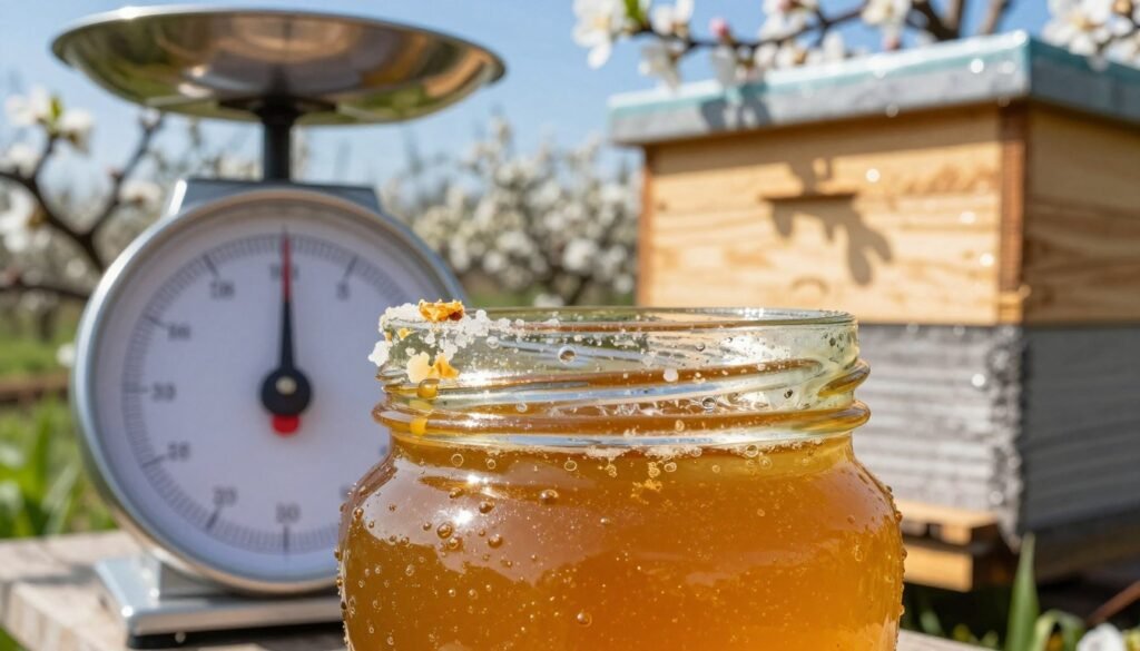 A close-up view of a jar of honey, showcasing its rich, golden color and thick consistency. In the foreground, depict common mistakes influencing honey quality: visible bubbles indicating fermentation, granulated sugar crystals on the jar rim, and beeswax debris around the lid. In the middle ground, include a scale measuring humidity, with condensation beads forming on a nearby beehive in a serene garden setting. The background should softly show blossoming flowers and a clear blue sky, suggesting a sunny day—a perfect environment for honey extraction. The lighting should be bright and natural, capturing the essence of freshness, with a warm, inviting atmosphere emphasizing the beauty and integrity of nature’s sweetness. A close-up view of a jar of honey, showcasing its rich, golden color and thick consistency. In the foreground, depict common mistakes influencing honey quality: visible bubbles indicating fermentation, granulated sugar crystals on the jar rim, and beeswax debris around the lid. In the middle ground, include a scale measuring humidity, with condensation beads forming on a nearby beehive in a serene garden setting. The background should softly show blossoming flowers and a clear blue sky, suggesting a sunny day—a perfect environment for honey extraction. The lighting should be bright and natural, capturing the essence of freshness, with a warm, inviting atmosphere emphasizing the beauty and integrity of nature’s sweetness.