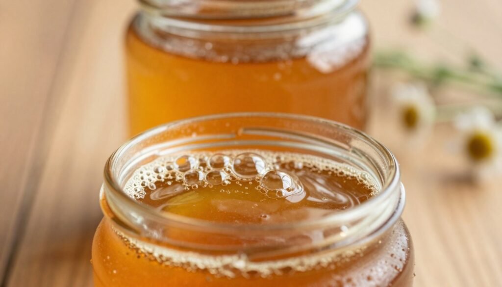 A close-up view of a jar of raw honey, showcasing its amber golden color and rich, viscous texture. In the foreground, clusters of tiny bubbles can be seen forming at the surface of the honey, adding a natural, organic feel to the image. The middle section features the jar itself, with a focus on the glass surface, reflecting soft, warm light. In the background, a wooden table adds warmth and a rustic ambiance, with hints of wildflowers blurred out to evoke a sense of nature. The lighting is soft and inviting, with warm tones creating a serene and comforting atmosphere. The overall mood conveys purity and the wholesome essence of natural honey, inviting viewers to appreciate its beauty and safety.