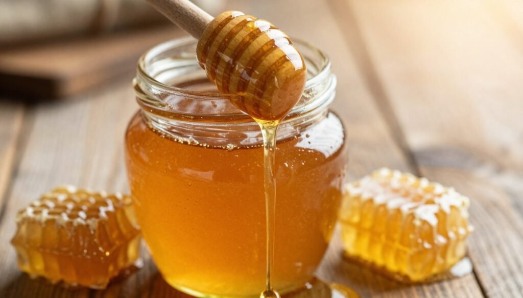 A close-up view of a jar of raw honey, showcasing its rich golden amber color and viscous texture, with natural honeycomb pieces delicately placed around the jar. The foreground features honey drizzling off a wooden honey dipper, glistening in the soft, warm light highlighting its natural sheen. In the middle, a blurred background of rustic wooden surfaces enhances the organic feel, suggesting a rural setting. The lighting is soft and warm, simulating late afternoon sunlight, creating an inviting and cozy atmosphere. The composition should evoke a sense of purity and natural goodness, emphasizing the quality of unheated honey and its sensory characteristics.
