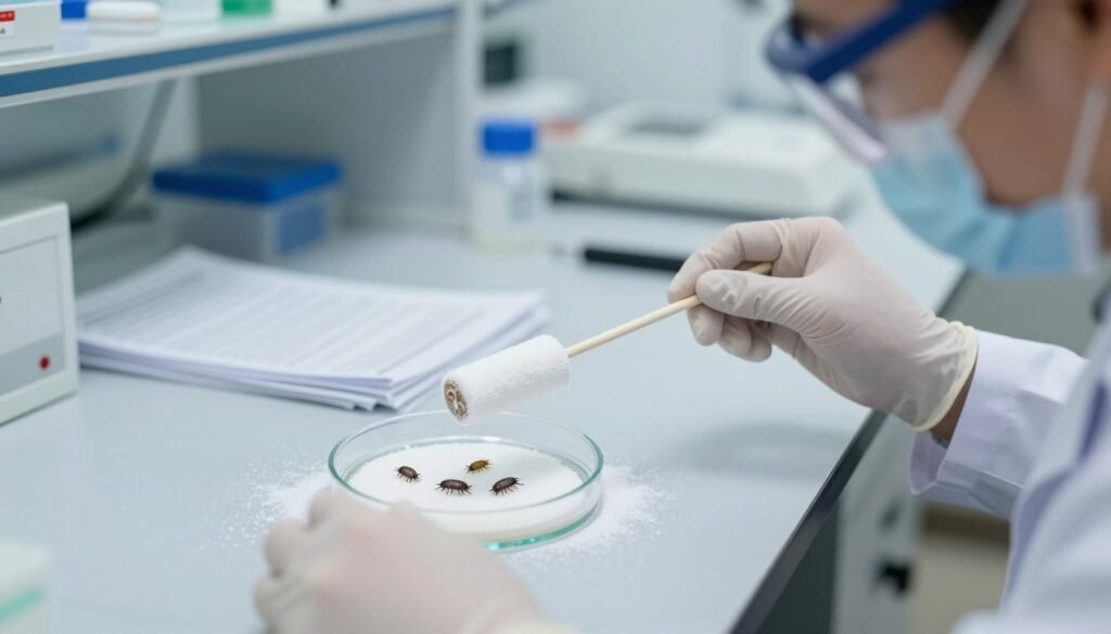 A close-up view of a laboratory setting focused on the sugar roll method for mite reduction. In the foreground, a scientist wearing a lab coat, safety goggles, and gloves carefully rolls a stick coated with powdered sugar, demonstrating the technique. The middle ground features a clear glass petri dish with several microscopic mite specimens clearly outlined, emphasizing the precision needed for effective reduction. In the background, soft-focus shelves filled with scientific equipment and research papers create an atmosphere of focused research and experimentation. Use bright, natural lighting to highlight the details, and create a sense of clinical professionalism. The angle is slightly tilted to provide depth, capturing both the action and the sterile environment of the laboratory.