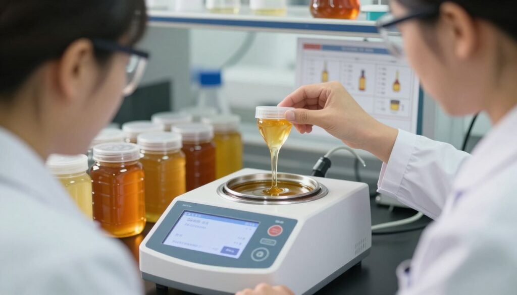 A close-up view of a laboratory setting where a food scientist, wearing a white lab coat and safety goggles, is carefully measuring the moisture content of honey using a moisture analyzer. In the foreground, the moisture analyzer, a sleek digital device with a display screen, showcases precise readings. The middle ground includes jars of honey with varying moisture levels, highlighted by soft, warm lighting that accentuates their golden hues. In the background, shelves lined with scientific equipment and charts illustrating moisture measurement techniques create a professional atmosphere. The scene is well-lit, focusing on the measurement process, conveying a sense of precision and expertise in food manufacturing. The overall mood is clinical yet engaging, showcasing the importance of accuracy in measuring moisture. A close-up view of a laboratory setting where a food scientist, wearing a white lab coat and safety goggles, is carefully measuring the moisture content of honey using a moisture analyzer. In the foreground, the moisture analyzer, a sleek digital device with a display screen, showcases precise readings. The middle ground includes jars of honey with varying moisture levels, highlighted by soft, warm lighting that accentuates their golden hues. In the background, shelves lined with scientific equipment and charts illustrating moisture measurement techniques create a professional atmosphere. The scene is well-lit, focusing on the measurement process, conveying a sense of precision and expertise in food manufacturing. The overall mood is clinical yet engaging, showcasing the importance of accuracy in measuring moisture.