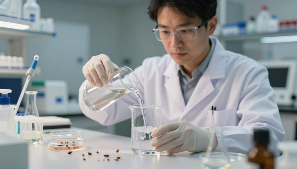 A close-up view of a laboratory setup featuring a scientist in professional attire, carefully pouring a clear alcohol wash into a glass beaker. The foreground showcases detailed lab equipment, including pipettes and Petri dishes, surrounded by scattered Varroa mite samples. In the middle ground, the scientist's focused expression reflects the meticulous nature of the testing process, with a well-organized workspace illuminated by soft, diffused lighting to create a warm yet clinical atmosphere. The background has shelves filled with reference materials and scientific equipment, subtly out of focus to ensure the viewer's attention remains on the main action of the alcohol wash application. Emphasize a sterile, professional ambiance that conveys the seriousness of the investigation.