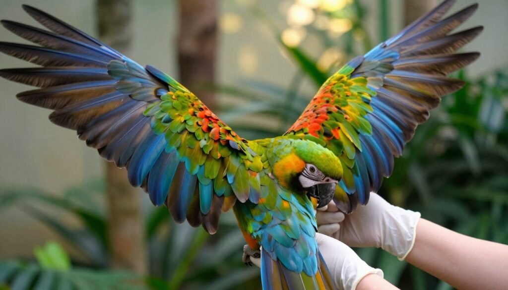 A close-up view of a large, beautifully detailed parrot's wings, positioned prominently in the foreground, showcasing the vibrant feathers with intricate patterns and colors. The wings are slightly spread, demonstrating the mechanics and structure of wing clipping. In the middle ground, a soft-focused image of a hand gently holding one wing in a careful and professional manner, wearing medical gloves to convey respect for the bird's well-being. The background softly blurs into a natural habitat scene, featuring lush greenery and subtle light filtering through leaves, creating a serene and informative atmosphere. The lighting is warm and soft, enhancing the texture of the feathers and conveying a sense of calm and education. Capture the scene from a slightly elevated angle to highlight both the wings and the interaction with the bird. The image should evoke a sense of care and attention to detail. A close-up view of a large, beautifully detailed parrot's wings, positioned prominently in the foreground, showcasing the vibrant feathers with intricate patterns and colors. The wings are slightly spread, demonstrating the mechanics and structure of wing clipping. In the middle ground, a soft-focused image of a hand gently holding one wing in a careful and professional manner, wearing medical gloves to convey respect for the bird's well-being. The background softly blurs into a natural habitat scene, featuring lush greenery and subtle light filtering through leaves, creating a serene and informative atmosphere. The lighting is warm and soft, enhancing the texture of the feathers and conveying a sense of calm and education. Capture the scene from a slightly elevated angle to highlight both the wings and the interaction with the bird. The image should evoke a sense of care and attention to detail.
