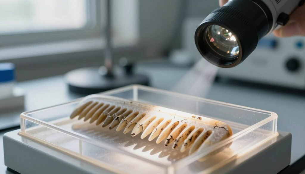 A close-up view of a light penetration test being performed on an old, worn comb. In the foreground, a well-lit, transparent test chamber holds the comb, showcasing its aged, cracked teeth and faded colors. The comb is made of a clear material, allowing beams of light to pass through, illuminating imperfections and indicating degradation. In the middle ground, a scientific setup with delicate measuring instruments and a soft-focus lens captures the intricate details, highlighting the textured surface of the comb. The background features a blurred laboratory environment with subtle hints of advanced technology, promoting a clinical atmosphere. The overall mood is analytical and serious, emphasizing the importance of assessing the condition of everyday items. Natural daylight streams in from a nearby window, creating a bright and focused ambiance.