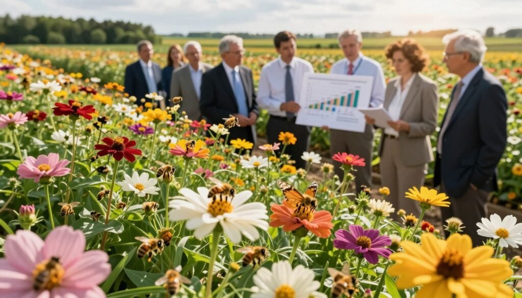 A close-up view of a lush, vibrant flowering field teeming with bees and butterflies diligently pollinating the flowers, showcasing the critical role of pollination in agriculture. In the foreground, a diverse array of flowers in full bloom contrasts with green foliage, while bees are seen actively moving from flower to flower. The middle ground features a group of professional agronomists in smart business attire, attentively observing and discussing the pollination process, surrounded by charts illustrating the economic benefits of effective pollination. In the background, a sun-drenched agricultural landscape stretches out, emphasizing the connection between pollinators and crop yield. Soft, warm lighting casts gentle shadows, creating a hopeful and prosperous atmosphere. The angle is slightly elevated, enhancing the richness of the scene while focusing on the interaction between nature and agricultural science. A close-up view of a lush, vibrant flowering field teeming with bees and butterflies diligently pollinating the flowers, showcasing the critical role of pollination in agriculture. In the foreground, a diverse array of flowers in full bloom contrasts with green foliage, while bees are seen actively moving from flower to flower. The middle ground features a group of professional agronomists in smart business attire, attentively observing and discussing the pollination process, surrounded by charts illustrating the economic benefits of effective pollination. In the background, a sun-drenched agricultural landscape stretches out, emphasizing the connection between pollinators and crop yield. Soft, warm lighting casts gentle shadows, creating a hopeful and prosperous atmosphere. The angle is slightly elevated, enhancing the richness of the scene while focusing on the interaction between nature and agricultural science.