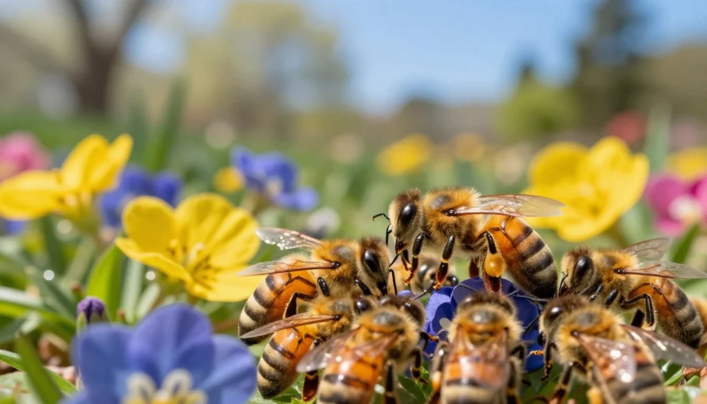 A close-up view of a lush, vibrant spring garden teeming with life, focused on a cluster of queen bees surrounded by worker