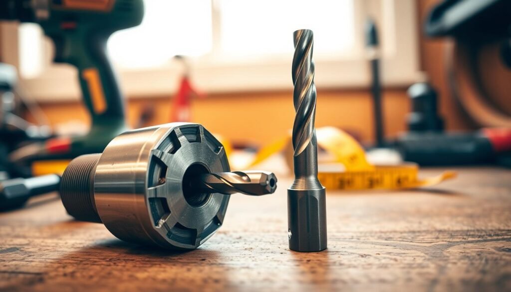 A close-up view of a matching drill chuck and bit shank sitting on a wooden workbench, elegantly showcasing their fit and alignment. The drill chuck is metallic, reflecting light with a polished finish, while the bit shank is positioned upright, its edges sharp and clearly defined. In the background, soft-focus tools like a cordless drill and measuring tape create an organized workshop atmosphere. The lighting is warm and natural, coming from a nearby window, highlighting the textures of the materials. Capture the scene from a slightly elevated angle, emphasizing the connection between the chuck and the bit. The mood is professional and focused, suitable for demonstrating precision in tool selection and assembly.