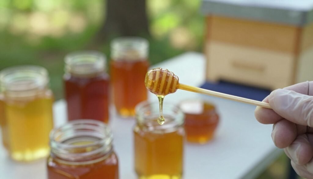 A close-up view of a matchstick test being conducted for honey viscosity. In the foreground, a hand, wearing a modest glove, holds a matchstick coated in golden, viscous honey, droplets glistening in bright natural light. The middle ground features a table with various honey samples in clear glass containers, displaying different textures and viscosities. In the background, blurred beekeeping tools and a hive box hint at the area’s purpose. Soft sunlight filters through greenery outside, creating a warm, inviting atmosphere. The focus is sharp on the matchstick and honey, while the background remains slightly out of focus, emphasizing the test's importance in assessing honey quality. The overall mood is one of curiosity and scientific inquiry.