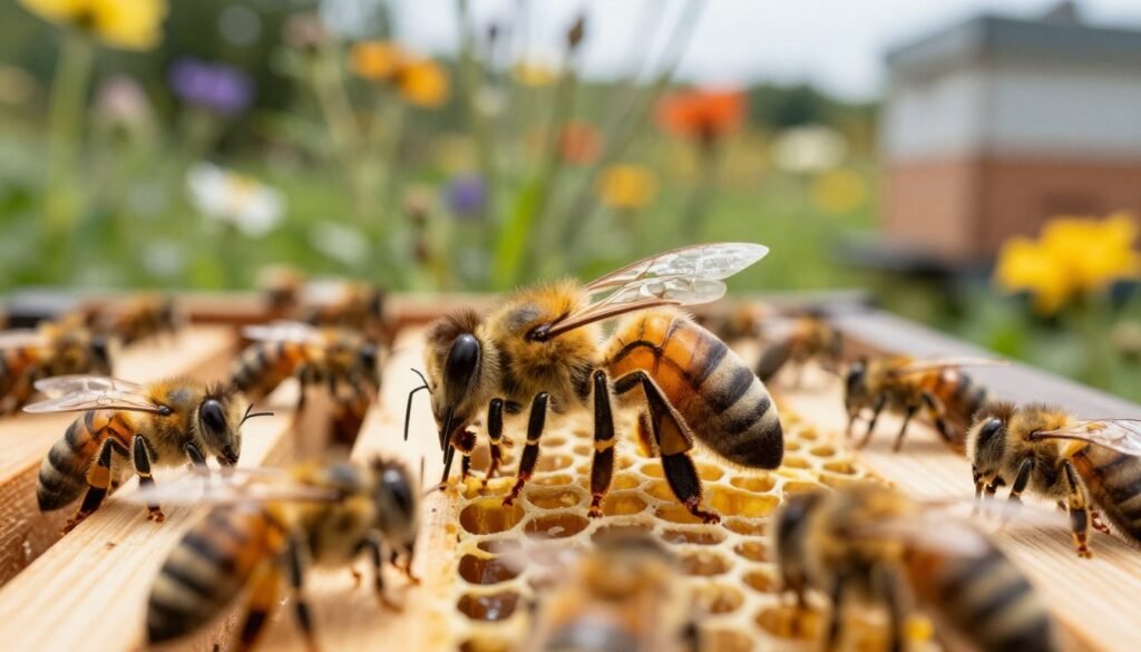A close-up view of a mated queen bee in a natural setting, displaying her distinctive elongated abdomen and vibrant coloration. The foreground features the queen surrounded by worker bees tending to her, illustrating their nurturing behavior. In the middle ground, a small wooden beehive reveals honeycombs with capped brood, hinting at optimal growth and development. The background features a sunlit garden of colorful wildflowers, creating a serene atmosphere. The image is captured with soft, diffused natural lighting, evoking a warm and vibrant mood. The focus is sharp on the queen and the bees, with a gentle bokeh effect in the background to draw attention to the subjects. The overall composition is harmonious and inviting, embodying a thriving beekeeping environment.
