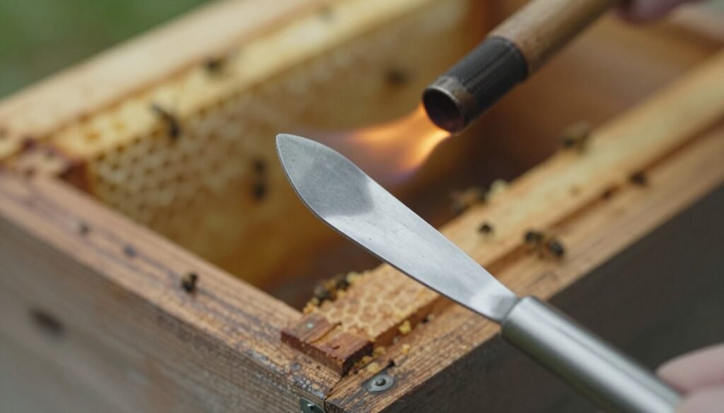 A close-up view of a metal hive tool, prominently displayed in the foreground against a blurred background of a rustic wooden beehive. The tool gleams under soft, warm lighting, highlighting its metallic texture and shape, with a torch or flame visible in the middle ground, illustrating the flame sterilization process. The background features subtle details such as honeycomb patterns and soft focus bees, enhancing the atmosphere of a bee-friendly environment. The overall mood is one of precision and care, conveying the importance of hygiene in beekeeping. Capture the scene with a shallow depth of field to emphasize the hive tool while gently blurring the surrounding elements. The angle should be slightly above the tool, guiding the viewer’s attention to the flame and tool interaction.