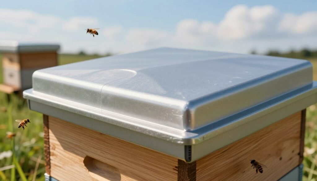 A close-up view of a migratory lid for a beehive, designed for superior efficiency, prominently displayed in the foreground. The lid is sleek and modern, made from insulated materials with a smooth finish, showcasing its dual-layer construction. In the middle ground, a wooden beehive rests on a grassy field, sunlight reflecting off the migratory lid, creating a warm and inviting atmosphere. Honeybees can be seen buzzing in and around the hive, indicating its functionality. The background features a clear blue sky with soft, fluffy clouds, emphasizing a bright, sunny day. The image is bathed in natural light, enhancing the textures of the lid and hive, while shot from a slightly elevated angle to provide depth and context, conveying a sense of innovation and practicality in beekeeping.