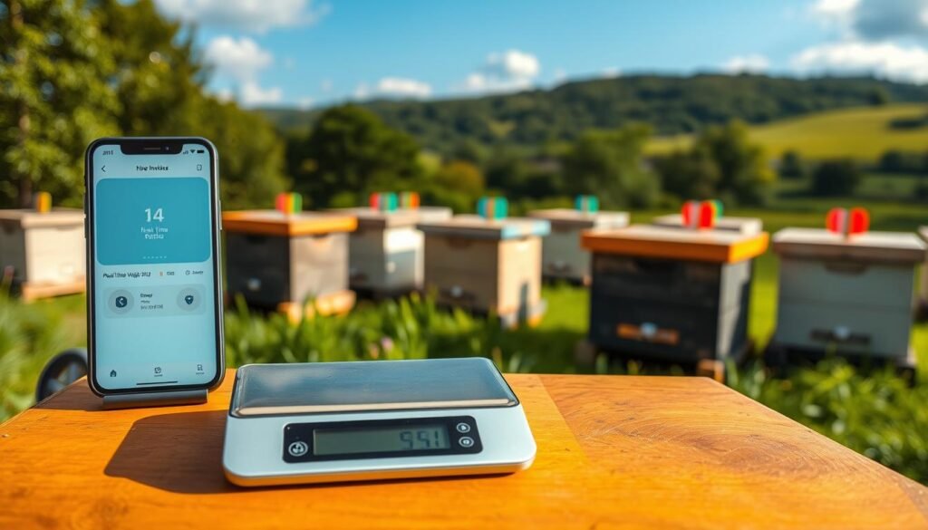 A close-up view of a modern hive monitoring system in a picturesque apiary setting. In the foreground, a sleek digital hive scale displays real-time weight data, with a smartphone beside it showing a user-friendly app interface. The middle ground showcases several hives arranged neatly, adorned with colorful entrance markers. In the background, a serene landscape with lush greenery and blue skies enhances the scene, creating a peaceful atmosphere. Soft, natural lighting casts gentle highlights on the equipment, emphasizing its technological features. The mood is informative and inviting, highlighting the harmonious blend of nature and technology in beekeeping.