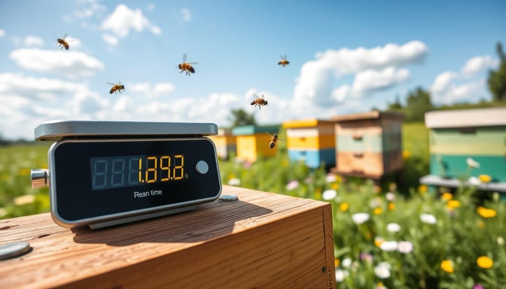 A close-up view of a modern hive scale positioned on a wooden beehive in a lush green apiary. In the foreground, the scale displays vivid numbers showcasing real-time weight measurement, with dewy bees fluttering around. The middle ground features a few visible beehives, painted in various soft colors of yellow, blue, and green, nestled among vibrant wildflowers. The background reveals a clear blue sky, with soft sunlight filtering through scattered clouds, creating a warm and inviting atmosphere. Emphasize sharp detail in the scale’s digital interface and the bees, capturing the essence of beekeeping gear. The image should evoke a sense of tranquility and professionalism, ideal for an informative article. Use natural lighting to enhance the rich colors and textures of the scene, ensuring it feels both lively and serene. A close-up view of a modern hive scale positioned on a wooden beehive in a lush green apiary. In the foreground, the scale displays vivid numbers showcasing real-time weight measurement, with dewy bees fluttering around. The middle ground features a few visible beehives, painted in various soft colors of yellow, blue, and green, nestled among vibrant wildflowers. The background reveals a clear blue sky, with soft sunlight filtering through scattered clouds, creating a warm and inviting atmosphere. Emphasize sharp detail in the scale’s digital interface and the bees, capturing the essence of beekeeping gear. The image should evoke a sense of tranquility and professionalism, ideal for an informative article. Use natural lighting to enhance the rich colors and textures of the scene, ensuring it feels both lively and serene.