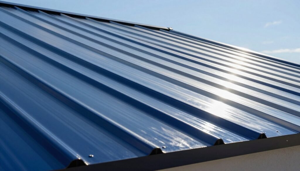 A close-up view of a modern metal roofing system, showcasing detailed textures and colors of the metal panels. The foreground features a series of interlocking panels with a vibrant finish, glistening under sunlight that highlights their reflective surfaces. In the middle ground, a subtle gradient of different shades of metal, ranging from deep blues to bright silvers, creates a harmonious flow. The background includes a clear blue sky, emphasizing the sleek, contemporary design of the roofing in a residential setting. The lighting is bright and natural, capturing the essence of a sunny day, while the overall mood is professional and crisp, suitable for an article about roofing materials. The angle is slightly tilted to provide depth, drawing attention to the unique qualities of the metal roofing. A close-up view of a modern metal roofing system, showcasing detailed textures and colors of the metal panels. The foreground features a series of interlocking panels with a vibrant finish, glistening under sunlight that highlights their reflective surfaces. In the middle ground, a subtle gradient of different shades of metal, ranging from deep blues to bright silvers, creates a harmonious flow. The background includes a clear blue sky, emphasizing the sleek, contemporary design of the roofing in a residential setting. The lighting is bright and natural, capturing the essence of a sunny day, while the overall mood is professional and crisp, suitable for an article about roofing materials. The angle is slightly tilted to provide depth, drawing attention to the unique qualities of the metal roofing.