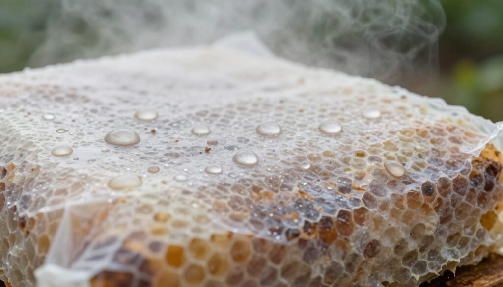 A close-up view of a moistened beehive wrap, showcasing glistening droplets of condensation forming on the surface, emphasizing the concept of moisture management. The foreground features a gentle mist rising from the wrap, symbolizing humidity in the air. In the middle ground, the texture of the hive wrap is visible, highlighting its insulating properties with slight color variations that indicate water saturation. The background softly blurs out, showcasing a natural setting with hints of greenery, suggesting outdoor conditions. Soft, diffused lighting creates a calm and serene atmosphere, with a slight focus on the moisture to evoke a sense of care in maintaining optimal hive conditions. The overall mood is professional and informative, suitable for an educational context.