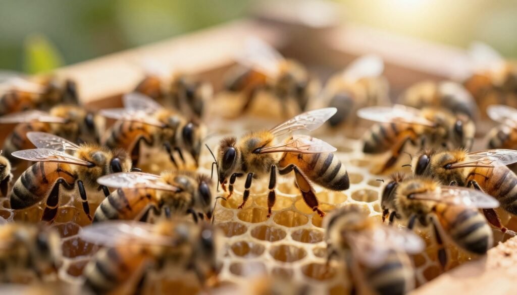 A close-up view of a newly emerged queen bee in a natural beehive setting, showcasing her elongated abdomen and distinct markings. The foreground features her gracefully moving among worker bees, who are tending to her and the brood. In the middle ground, honeycomb cells can be seen, filled with larvae and capped honey, radiating life and activity. The background reveals a warm, sunlit environment of a thriving beehive, with soft rays of sunlight filtering through the hive entrance, creating a golden glow. The scene conveys a mood of serenity and vitality, emphasizing the importance of the queen's role in the colony. Shot with a macro lens to reveal fine details, capturing the texture of the bees and honeycomb, while ensuring a soft focus on the nearby foliage.