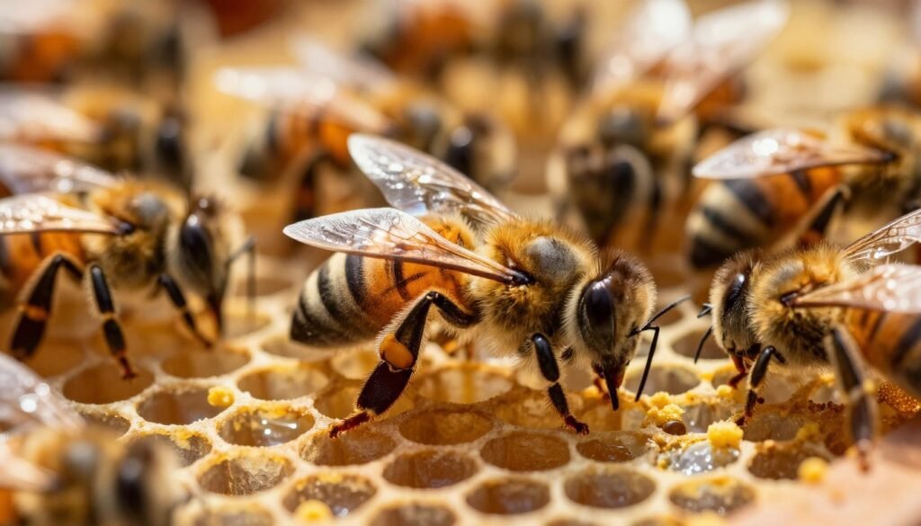 A close-up view of a newly emerged queen bee resting in a honeycomb, her vibrant, elongated abdomen glistening under soft, golden sunlight. In the foreground, intricate details of the honeycomb cells are visible, showcasing pollen and nectar. The middle ground features the queen delicately surrounded by worker bees, exhibiting nurturing behavior. The background has a blurred view of the hive interior, filled with soft, warm light that enhances the atmosphere of life and growth. The scene captures a serene and industrious mood, emphasizing the maturation process as the queen prepares to lay her eggs. The angle is slightly tilted, drawing the viewer's eye towards the queen, while the use of a macro lens brings an intimate feel to this remarkable moment in the bee colony's life.