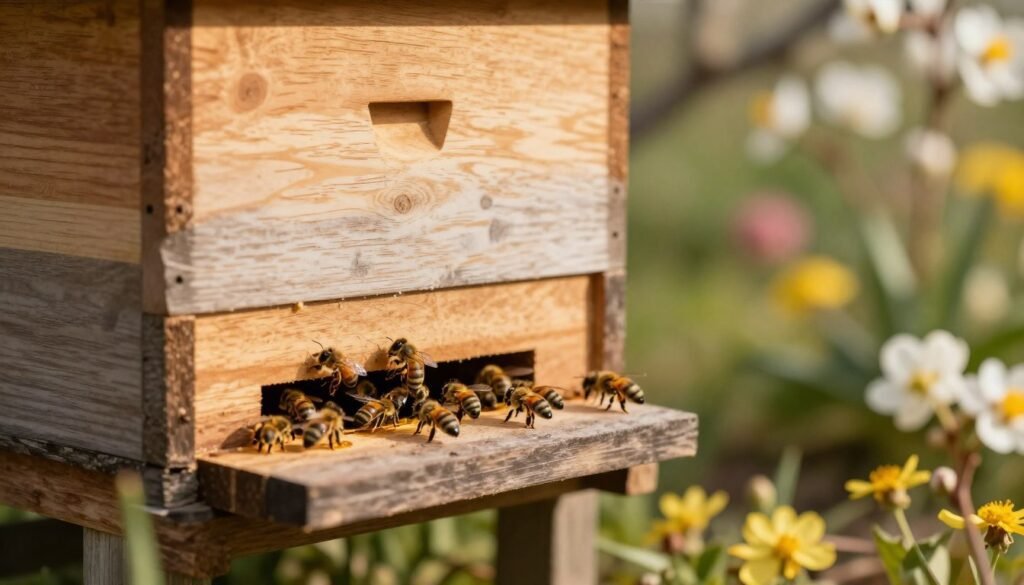 A close-up view of a nuc entrance reducer installed on a wooden beehive, showcasing the precise fit and design. In the foreground, focus on the reducer, emphasizing the wood texture and its slots to allow bee passage. In the middle ground, depict honey bees actively using the entrance, conveying a sense of productivity and life. The background features a garden setting with blooming flowers blurred lightly to create a soft bokeh effect, evoking a peaceful, natural environment. Warm, gentle sunlight illuminates the scene, creating a welcoming, vibrant atmosphere. Use a shallow depth of field to emphasize the reducer while keeping the bees sharply in focus, illustrating the essential role of the reducer in hive survival during winter. A close-up view of a nuc entrance reducer installed on a wooden beehive, showcasing the precise fit and design. In the foreground, focus on the reducer, emphasizing the wood texture and its slots to allow bee passage. In the middle ground, depict honey bees actively using the entrance, conveying a sense of productivity and life. The background features a garden setting with blooming flowers blurred lightly to create a soft bokeh effect, evoking a peaceful, natural environment. Warm, gentle sunlight illuminates the scene, creating a welcoming, vibrant atmosphere. Use a shallow depth of field to emphasize the reducer while keeping the bees sharply in focus, illustrating the essential role of the reducer in hive survival during winter.