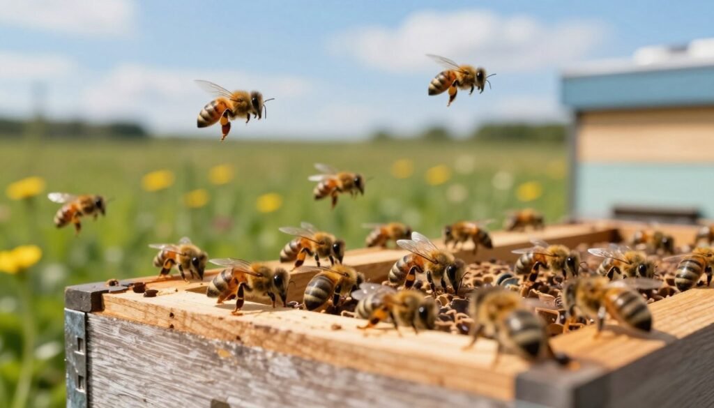 A close-up view of a package of bees, showcasing a wooden beehive with bees buzzing energetically around it. In the foreground, highlight the intricate details of the bees in various positions, some resting on the hive, while others fly in mid-air. The middle ground features a vibrant green landscape with blooming flowers, providing a natural setting that attracts the bees. In the background, a clear blue sky with soft white clouds enhances the tranquil atmosphere. Soft, natural lighting casts gentle shadows, emphasizing the textures of the beehive and the bees’ delicate wings. The mood is lively yet serene, capturing the essence of beekeeping and the comparison of package bees versus nucs.