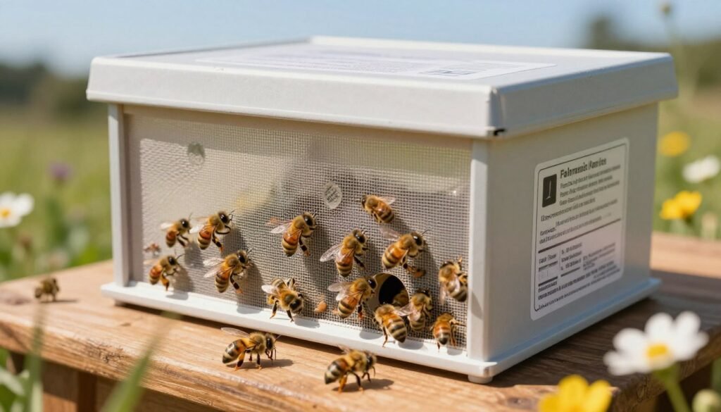 A close-up view of a packed box of live bees for local pickup, featuring a secure, ventilated container with breathable mesh sides, gently surrounded by flowers. The foreground captures a soft focus on individual bees buzzing around the entry holes, reflecting their busy nature. In the middle ground, the securely closed box sits on a wooden table, showcasing safety labels and guidelines for transport. The background features a sunny outdoor environment, with a slight blur of green grass and a clear blue sky, creating a calm and safe atmosphere. The lighting is bright and natural, reminiscent of a warm afternoon, highlighting the bees and their enclosure. The angle is slightly tilted downwards to emphasize the box and the action of the bees, evoking a sense of responsibility and care in handling live insects.
