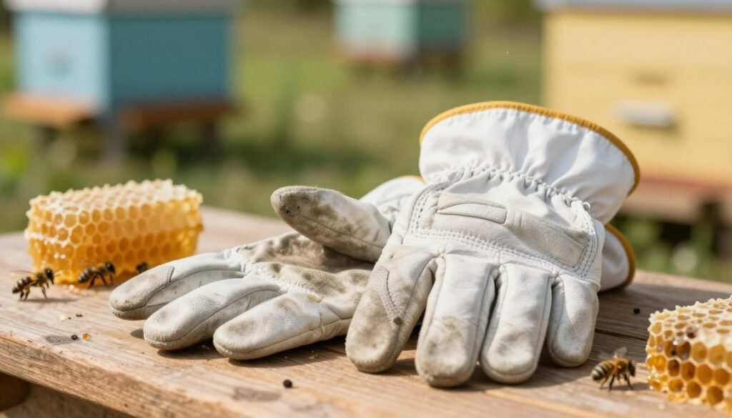 A close-up view of a pair of beekeeping gloves resting on a wooden surface in an apiary setting. The gloves, made of durable white leather with reinforced fingertips and cuffs, show signs of use, indicating they are reusable. Scattered around the gloves are a few honeycombs and bees, enhancing the scene's connection to beekeeping. In the background, soft, natural lighting highlights a blurred beehive, creating a warm atmosphere. A shallow depth of field emphasizes the gloves, with a soft bokeh effect that adds depth. The image evokes a sense of careful craftsmanship and the importance of equipment in apiary work, illustrating the choice between disposable and reusable options.