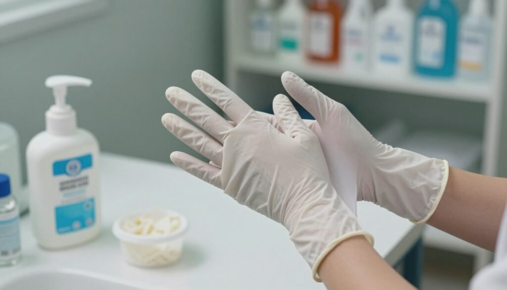 A close-up view of a pair of gloved hands skillfully demonstrating proper glove removal techniques, focusing on safety and hygiene. The foreground highlights the hands as a person gently pulls off one glove using the other gloved hand, showcasing attention to detail and precision. In the middle ground, a neatly arranged inspection area is visible, featuring alcohol wipes and a small container for disposing of the gloves, emphasizing a clean and sterile environment. The background is softly blurred, revealing shelves with neatly organized sanitation supplies. Soft, even lighting casts subtle shadows, creating a professional atmosphere. The image conveys a sense of cleanliness and importance in safety practices, suitable for a sterile inspection setting. A close-up view of a pair of gloved hands skillfully demonstrating proper glove removal techniques, focusing on safety and hygiene. The foreground highlights the hands as a person gently pulls off one glove using the other gloved hand, showcasing attention to detail and precision. In the middle ground, a neatly arranged inspection area is visible, featuring alcohol wipes and a small container for disposing of the gloves, emphasizing a clean and sterile environment. The background is softly blurred, revealing shelves with neatly organized sanitation supplies. Soft, even lighting casts subtle shadows, creating a professional atmosphere. The image conveys a sense of cleanliness and importance in safety practices, suitable for a sterile inspection setting.