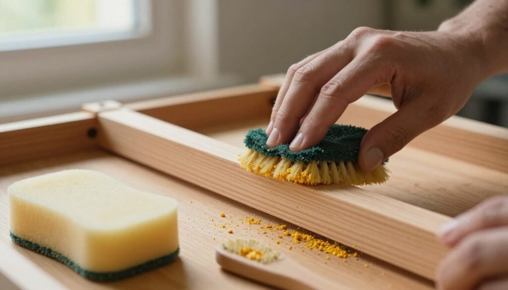 A close-up view of a pair of hands carefully scrubbing a wooden beehive frame, showcasing the intricate grain of the wood and the textures of the cleaning materials. In the foreground, there is a natural sponge and a small wooden brush, gently revealing remnants of pollen and debris, emphasizing the cleaning process. The middle ground features a well-lit wooden surface with scattered pollen grains, while in the background, soft sunlight filters through a nearby window, creating a warm and inviting atmosphere. The focus should be sharp on the cleaning action, highlighting both the craftsmanship of the woodenware and the meticulous care involved in maintaining it, with a sense of tranquility and diligence in the overall mood. A close-up view of a pair of hands carefully scrubbing a wooden beehive frame, showcasing the intricate grain of the wood and the textures of the cleaning materials. In the foreground, there is a natural sponge and a small wooden brush, gently revealing remnants of pollen and debris, emphasizing the cleaning process. The middle ground features a well-lit wooden surface with scattered pollen grains, while in the background, soft sunlight filters through a nearby window, creating a warm and inviting atmosphere. The focus should be sharp on the cleaning action, highlighting both the craftsmanship of the woodenware and the meticulous care involved in maintaining it, with a sense of tranquility and diligence in the overall mood.