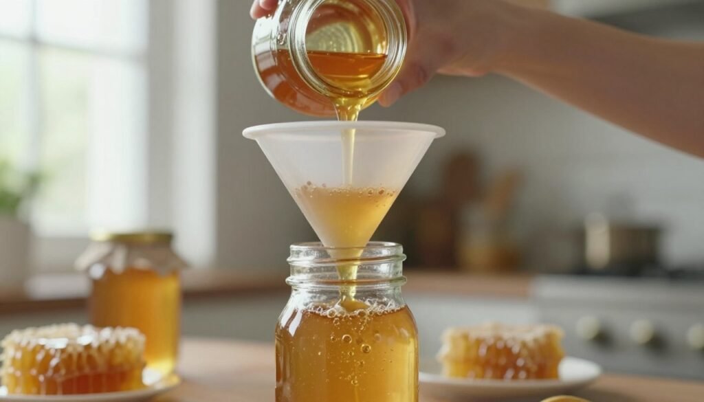 A close-up view of a person bottling honey to avoid air bubbles. In the foreground, a glass bottle partially filled with golden honey, with a funnel positioned above to ensure smooth pouring. The middle scene captures a hand carefully pouring honey from a jar into the funnel, demonstrating a slow and steady motion to minimize bubbles. In the background, a softly lit kitchen environment with natural light streaming through a window, highlighting jars and honeycomb elements. The atmosphere is warm and inviting, emphasizing a homely, artisanal vibe. Use a shallow depth of field to keep the focus on the honey and the bottling process, with soft bokeh effects in the background for added depth. A close-up view of a person bottling honey to avoid air bubbles. In the foreground, a glass bottle partially filled with golden honey, with a funnel positioned above to ensure smooth pouring. The middle scene captures a hand carefully pouring honey from a jar into the funnel, demonstrating a slow and steady motion to minimize bubbles. In the background, a softly lit kitchen environment with natural light streaming through a window, highlighting jars and honeycomb elements. The atmosphere is warm and inviting, emphasizing a homely, artisanal vibe. Use a shallow depth of field to keep the focus on the honey and the bottling process, with soft bokeh effects in the background for added depth.