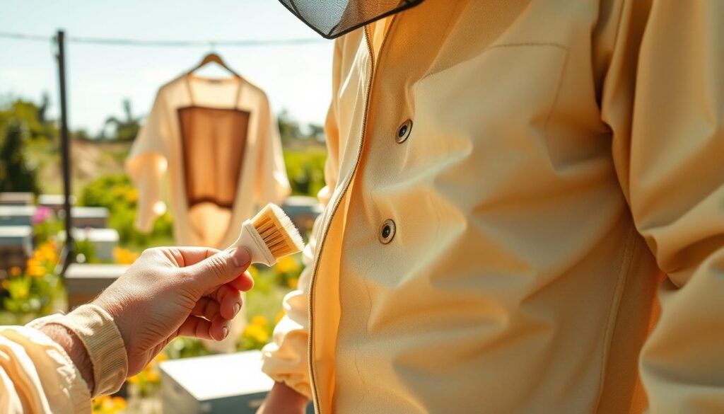 A close-up view of a person in a professional bee suit, demonstrating maintenance techniques. The foreground shows the user inspecting and cleaning the suit, with tools like a soft brush and a gentle detergent in hand. The middle ground features the bee suit hanging on a sturdy clothesline, showcasing its protective features with zippers and mesh ventilation areas. In the background, a bright, sunny apiary is visible, with vibrant flowers and hives, emphasizing the warm, outdoor environment. Natural light highlights the textures of the suit and the richness of the surroundings, creating a warm, inviting atmosphere focused on care and maintenance. The image captures a sense of responsibility and safety in beekeeping.