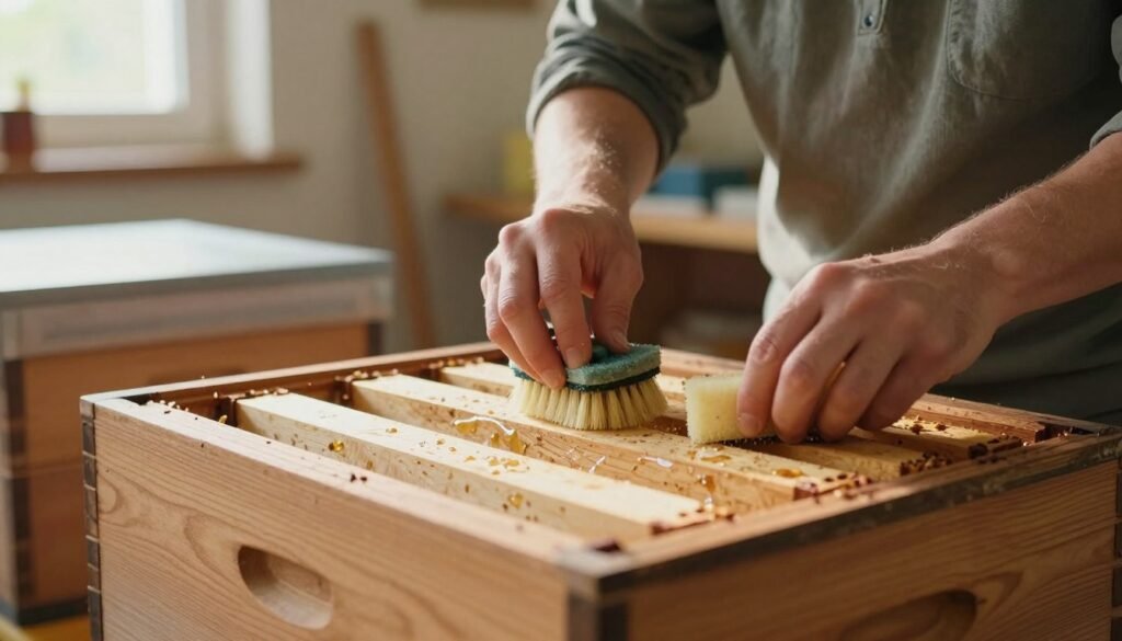 A close-up view of a person in modest casual clothing, carefully cleaning woodenware used in beekeeping. The foreground features polished wooden bee boxes and frames, with a gentle sheen from a cleaning solution. The middle ground includes a sponge and a small brush, emphasizing the meticulous cleaning process. In the background, the scene is softly lit by natural daylight coming through a nearby window, creating warm, inviting shadows. There are subtle hints of a well-organized workshop with honey extraction tools on the shelves. The atmosphere feels calm and purposeful, conveying the importance of maintaining cleanliness in beekeeping equipment. The perspective is slightly angled to provide depth, focusing on the act of sanitization while ensuring the woodenware is prominently displayed. A close-up view of a person in modest casual clothing, carefully cleaning woodenware used in beekeeping. The foreground features polished wooden bee boxes and frames, with a gentle sheen from a cleaning solution. The middle ground includes a sponge and a small brush, emphasizing the meticulous cleaning process. In the background, the scene is softly lit by natural daylight coming through a nearby window, creating warm, inviting shadows. There are subtle hints of a well-organized workshop with honey extraction tools on the shelves. The atmosphere feels calm and purposeful, conveying the importance of maintaining cleanliness in beekeeping equipment. The perspective is slightly angled to provide depth, focusing on the act of sanitization while ensuring the woodenware is prominently displayed.
