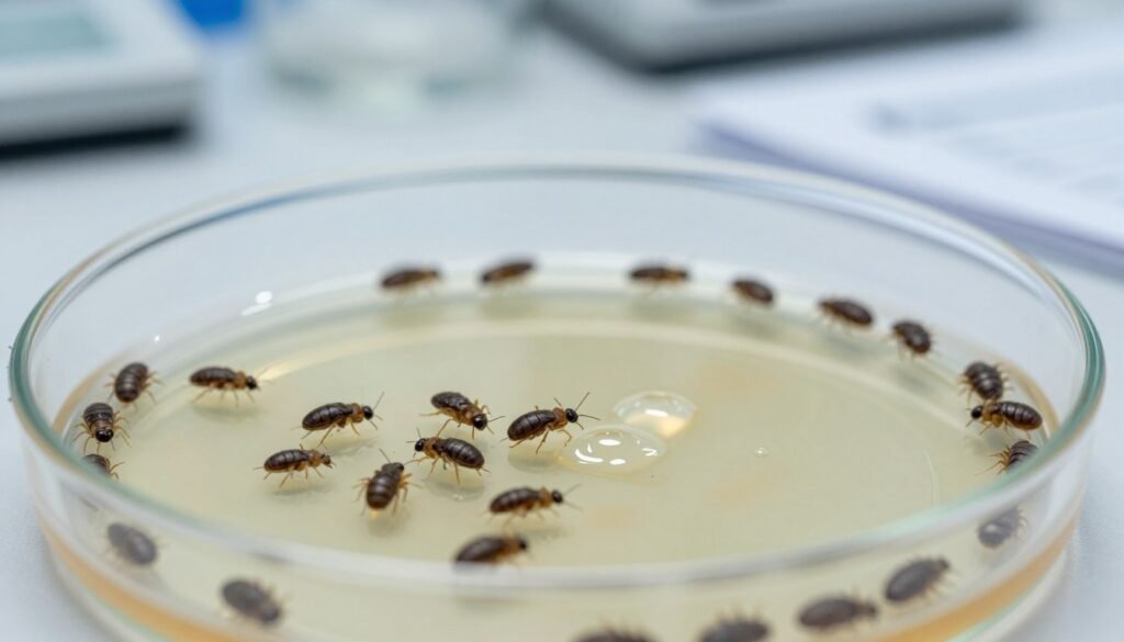 A close-up view of a petri dish containing a mixture of dead Varroa mites, demonstrating the biological mechanism of mite drop after oxalic acid application. In the foreground, focus on the tiny, detailed bodies of the mites, showcasing their unique shapes and textures. The middle layer features droplets of oxalic acid solution, glistening under a bright light, with some forming small puddles beside the mites. In the background, a blurred laboratory environment with scientific equipment and notes, creating an atmosphere of research and inquiry. The lighting is bright and clinical, highlighting the details of the mites and the solution. The overall mood is scientific and observational, emphasizing the biological processes in action. A close-up view of a petri dish containing a mixture of dead Varroa mites, demonstrating the biological mechanism of mite drop after oxalic acid application. In the foreground, focus on the tiny, detailed bodies of the mites, showcasing their unique shapes and textures. The middle layer features droplets of oxalic acid solution, glistening under a bright light, with some forming small puddles beside the mites. In the background, a blurred laboratory environment with scientific equipment and notes, creating an atmosphere of research and inquiry. The lighting is bright and clinical, highlighting the details of the mites and the solution. The overall mood is scientific and observational, emphasizing the biological processes in action.