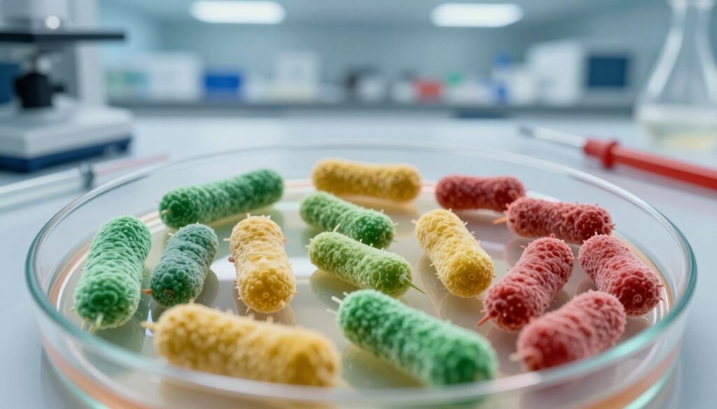 A close-up view of a petri dish filled with various shapes and colors of bacterial colonies, representing opportunistic infections. In the foreground, showcase vibrant, microscopic views of bacteria with diverse textures, including rod-shaped, spiral, and cocci, exhibiting different colors like green, yellow, and red. The middle ground features a sterile laboratory environment with subtle reflections on the glass dish, and lab tools such as pipettes and slides softly blurred to give context. The background should include blurred laboratory shelves filled with scientific equipment, illuminated by soft overhead fluorescent lighting that creates a clean, clinical atmosphere. The overall mood conveys urgency and scientific inquiry, highlighting the importance of understanding bacterial opportunistic infections.