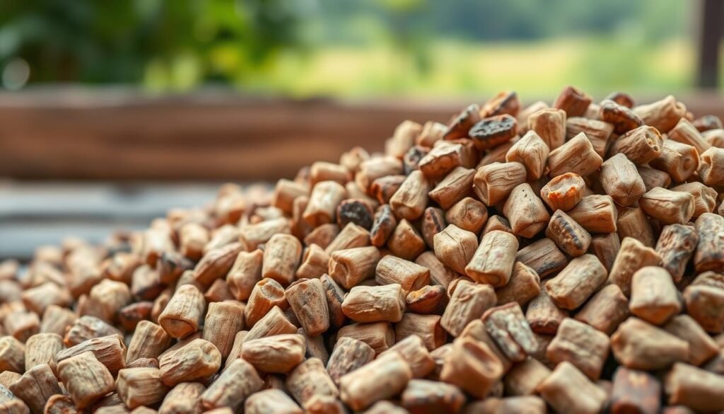A close-up view of a pile of high-quality wood pellets, showcasing their natural texture and rich, earthy tones. The foreground features individual pellets with slightly varying hues of brown and tan, exhibiting a glossy sheen under soft natural light. In the middle ground, a rustic wooden surface adds warmth, suggesting a connection to outdoor cooking. The background gently blurs, offering a hint of greenery, reminiscent of a scenic outdoor environment. Soft diffused lighting enhances the organic feel, creating a calm and inviting atmosphere, suitable for an educational article on fuel choices. The angle captures the pellets' unique characteristics while providing context for their use in smoking. A close-up view of a pile of high-quality wood pellets, showcasing their natural texture and rich, earthy tones. The foreground features individual pellets with slightly varying hues of brown and tan, exhibiting a glossy sheen under soft natural light. In the middle ground, a rustic wooden surface adds warmth, suggesting a connection to outdoor cooking. The background gently blurs, offering a hint of greenery, reminiscent of a scenic outdoor environment. Soft diffused lighting enhances the organic feel, creating a calm and inviting atmosphere, suitable for an educational article on fuel choices. The angle captures the pellets' unique characteristics while providing context for their use in smoking.