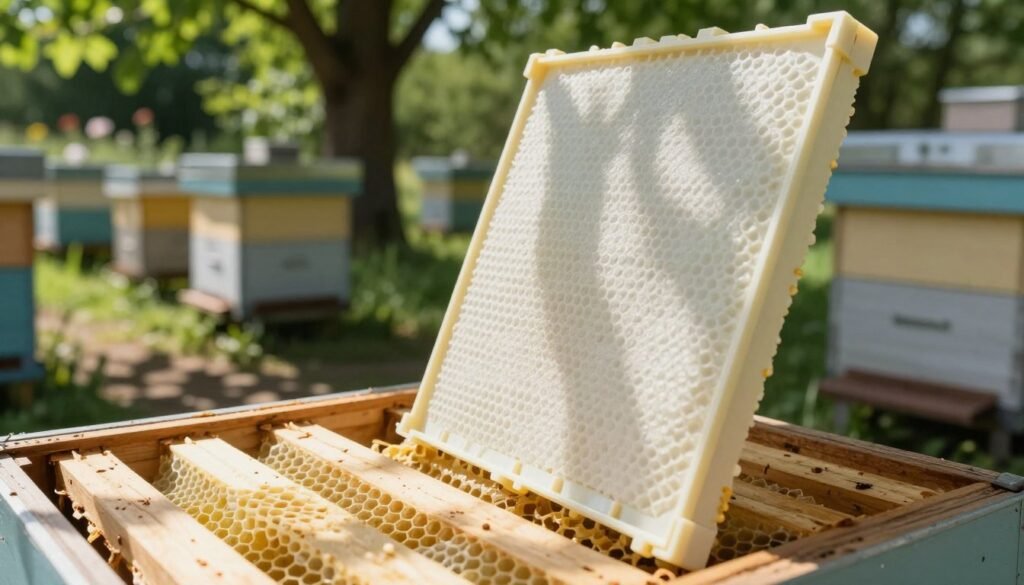 A close-up view of a plastic foundation frame, showcasing its textured surface designed for beekeeping. The image features the foundation standing upright in a bright, well-lit apiary environment, with sunlight filtering through leafy trees, creating dappled shadows on the ground. In the foreground, honeycomb patterns are well defined, highlighting the structural integrity of the plastic material. The middle ground includes a wooden beehive, neatly arranged with additional frames, emphasizing a clean and organized workspace. In the background, soft-focus flowers and greenery indicate the surrounding natural habitat of bees. The atmosphere is serene and industrious, reflecting the efficiency and practicality that many beekeepers appreciate in plastic foundations. The angle captures a slight upward perspective, giving a sense of importance to the plastic foundation within the beekeeping setting.