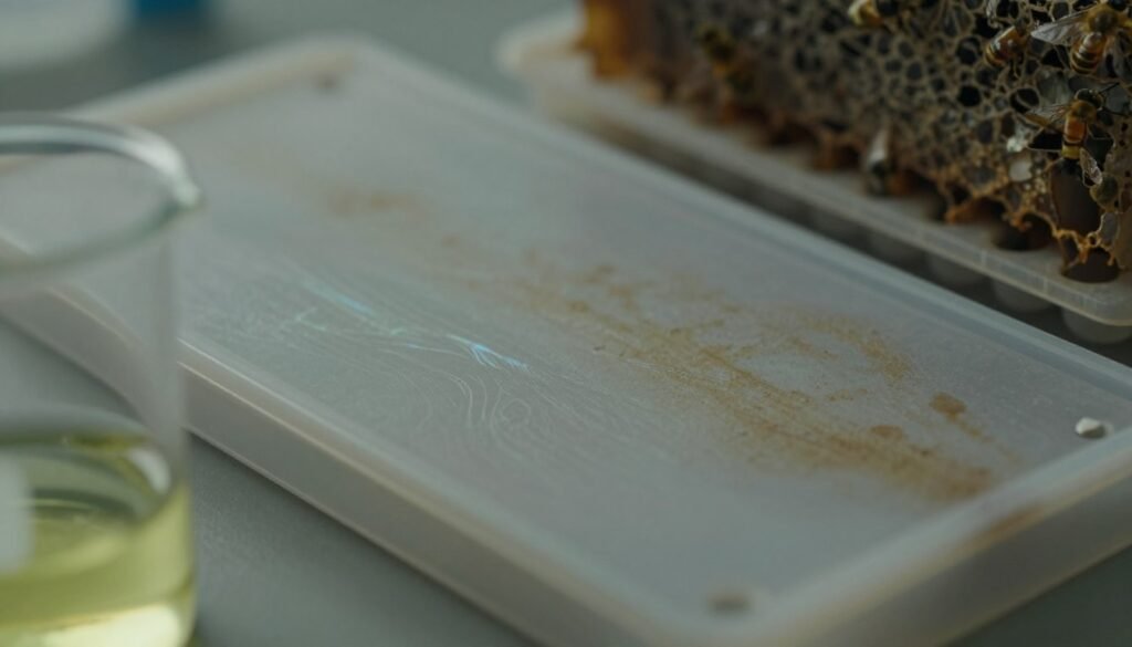 A close-up view of a plastic foundation, with visible signs of chemical contamination illustrated by subtle iridescent streaks and patches on the surface. In the foreground, include a laboratory beaker featuring bright liquids being tested, suggesting analysis. The middle section should show the plastic foundation integrated into its surroundings, with a blurred bee hive in the background, emphasizing its agricultural context. Soft, diffused lighting casts delicate shadows, creating a serious yet informative atmosphere. Capture this scene from a slightly elevated angle to provide depth, with a focus on the texture of the plastic and contaminants, while keeping the overall color scheme muted and slightly ominous to reflect concerns about safety and environmental impact.