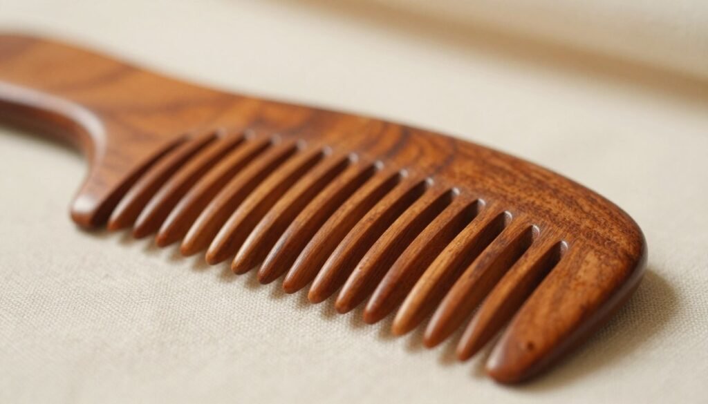 A close-up view of a polished wooden comb resting elegantly on a soft, textured fabric background, emphasizing its shiny surface and intricate teeth design. In the foreground, the comb displays an artisanal craftsmanship, revealing small, delicate details of its shape and finish. The middle ground features subtle reflections, acknowledging light sources that suggest a warm and inviting atmosphere. The background is softly blurred, enhancing the focal point on the comb while using a bokeh effect to create depth. The lighting is soft and diffused, illuminating the wood's grain and contours, invoking a sense of care and precision. The overall mood conveys tranquility and attention to detail, suggesting a harmonious relationship with nature in the context of comb usage. A close-up view of a polished wooden comb resting elegantly on a soft, textured fabric background, emphasizing its shiny surface and intricate teeth design. In the foreground, the comb displays an artisanal craftsmanship, revealing small, delicate details of its shape and finish. The middle ground features subtle reflections, acknowledging light sources that suggest a warm and inviting atmosphere. The background is softly blurred, enhancing the focal point on the comb while using a bokeh effect to create depth. The lighting is soft and diffused, illuminating the wood's grain and contours, invoking a sense of care and precision. The overall mood conveys tranquility and attention to detail, suggesting a harmonious relationship with nature in the context of comb usage.