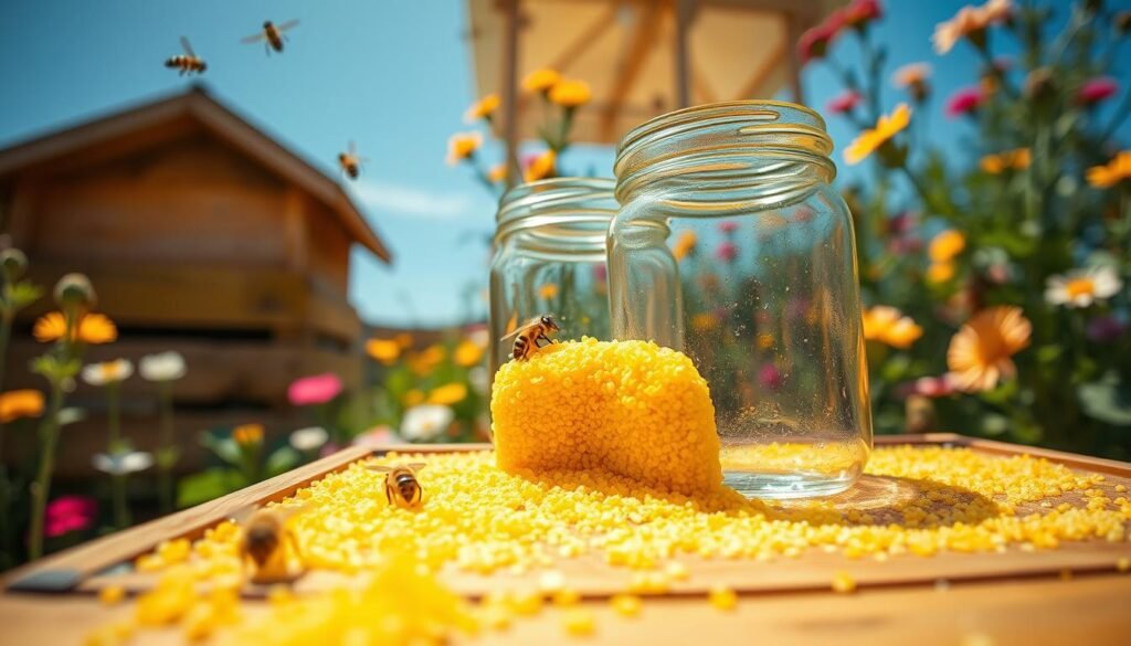 A close-up view of a pollen trap in a sunny backyard, showcasing bright yellow grains of pollen collected from flowers. In the foreground, a wooden beehive with bees actively flying around, with one bee landing on the pollen trap to forage. The middle ground features a clear glass jar filled with freshly harvested pollen, glistening in the light. In the background, colorful flowers in full bloom create a vibrant atmosphere, with a blue sky overhead and soft, natural lighting enhancing the scene. The focus should be sharp on the pollen trap and jar, while maintaining a slightly blurred background to emphasize the collection process. The overall mood is lively and inviting, embodying the transformative journey of pollen harvesting for beekeepers.