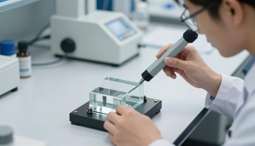 A close-up view of a precision calibration procedure involving a glass prism, placed on a sleek, white laboratory countertop. The prism is positioned under soft, diffused natural lighting, highlighting its transparent edges and reflective surfaces. In the background, an assortment of refractometers and laboratory equipment is softly out of focus, conveying an organized work environment. A professional technician in a lab coat, focused and methodical, holds the refractometer with one hand while adjusting the prism's alignment with the other. The atmosphere is calm and diligent, embodying a meticulous calibration process. The image captures the meticulous nature of scientific work, with an emphasis on clarity and precision.