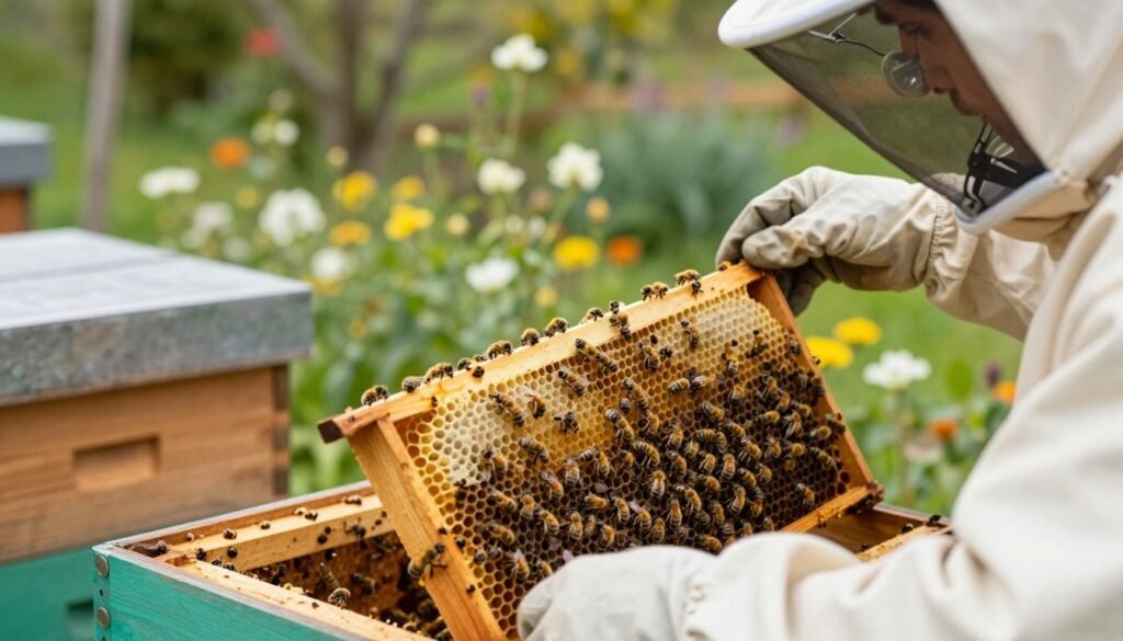 A close-up view of a professional apiarist, dressed in protective beekeeping attire, carefully inspecting a beehive for colony strength. In the foreground, the apiarist examines a frame filled with bees, showcasing both healthy bee activity and brood patterns. The middle ground features the wooden beehive, partially open, revealing honeycomb structures. The background depicts a lush garden with blooming flowers, indicating a healthy foraging environment for the bees. Soft, natural lighting highlights the scene, creating a warm and focused atmosphere. Use a shallow depth of field to emphasize the apiarist's actions and the vibrant bees, capturing a sense of diligence and care in assessing the colony's health.