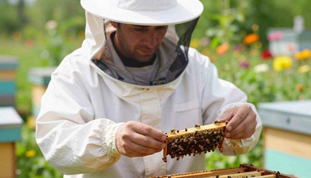 A close-up view of a professional beekeeper, dressed in a white protective suit with a veil, carefully examining a queen bee in their hands. The scene is set in a sunlit apiary, surrounded by vibrant green foliage and colorful flowers in the background. The beekeeper's focused expression highlights the importance of assessing queen health prior to introduction into a hive. Soft, natural lighting illuminates the intricate details of the queen bee and her surroundings, while a gentle bokeh effect blurs the background slightly, emphasizing the subject. The overall mood is calm and professional, evoking a sense of care and expertise in bee management.