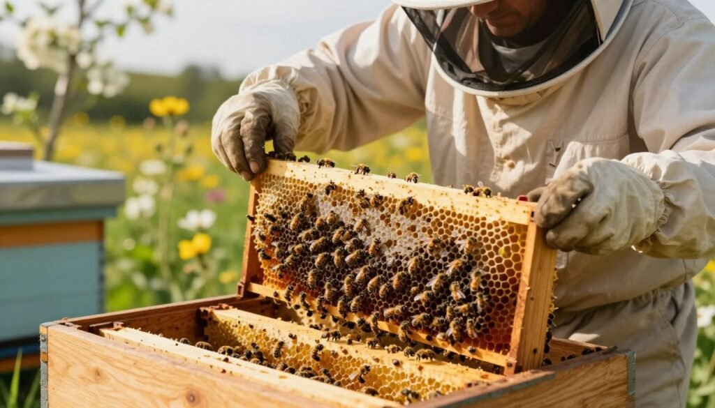 A close-up view of a professional beekeeper gently handling a hive full of bees, demonstrating the delicate use of quality equipment for hive management. The beekeeper, dressed in a light, protective suit, is carefully inspecting the hive frames, showcasing the interaction with the busy bees. In the foreground, vibrant honeycomb frames glisten with golden honey, while the middle ground features the hive structure, detailed with natural wood textures. The background reveals a sunny, serene landscape of blooming flowers and greenery, enhancing the peaceful atmosphere. Soft, warm lighting highlights the beekeeper’s focused expression, capturing the essence of care and productivity in beekeeping. Use a shallow depth of field to bring attention to the foreground details while softly blurring the background.