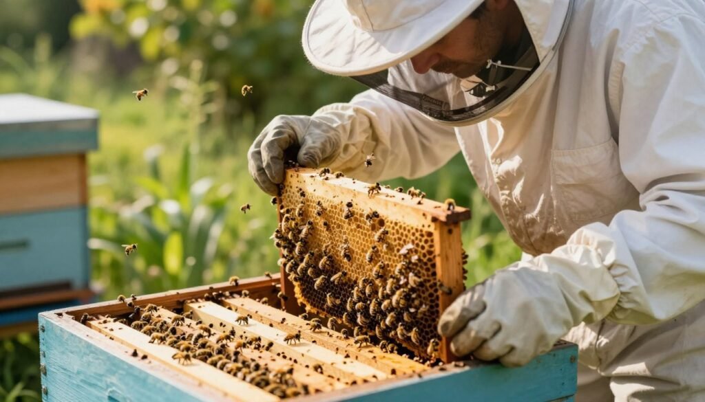 A close-up view of a professional beekeeper gently handling a honeybee hive in an outdoor setting. The foreground features the beekeeper, dressed in a white protective suit and gloves, focused on carefully inspecting the hive frame to avoid disturbing the bees. The middle ground shows the intricately designed hive, with a mix of wooden textures and vibrant bees gently buzzing around it. In the background, a sunny day casts soft, warm lighting, highlighting the greens of the surrounding garden and emphasizing a calm atmosphere. The angle is slightly tilted to capture both the beekeeper's concentration and the delicate balance of nature in this crucial moment, ensuring a sense of harmony and care in beekeeping practices.