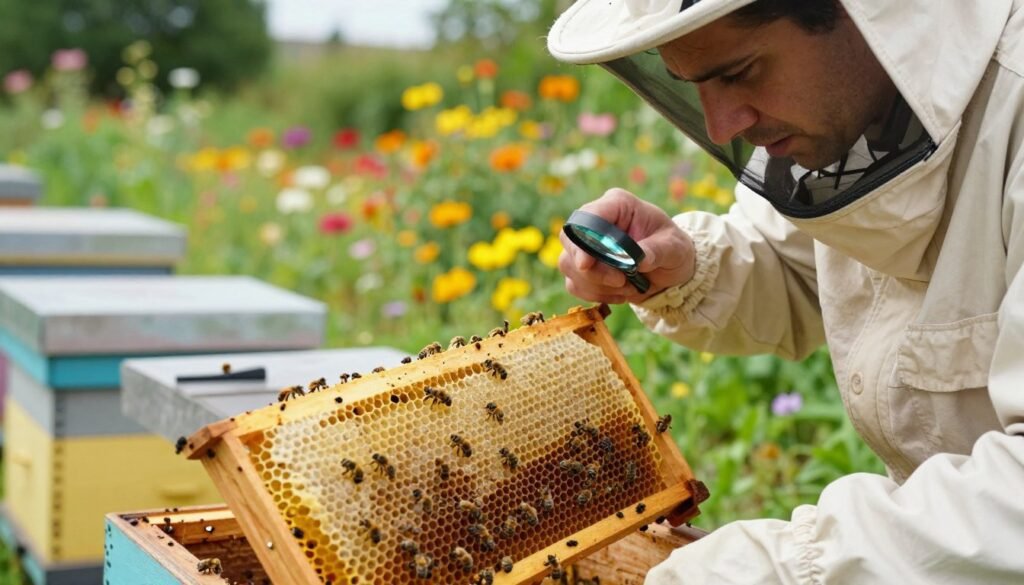 A close-up view of a professional beekeeper in a light-colored beekeeping suit, carefully examining a wooden beehive frame for Varroa mite infestation. The frame, filled with honeycomb, shows bees moving actively, a hint of concern on the beekeeper's face as they use a magnifying glass. In the middle ground, other frames lean against the hive, with a few mites visibly scurrying on the honeycomb. In the background, a lush summer garden with blooming flowers reflects the late summer setting, under soft, natural sunlight. Use a shallow depth of field to blur the colorful flowers slightly, ensuring the focus remains on the mite evaluation. The mood is proactive and focused, conveying a sense of diligence in managing bee health. A close-up view of a professional beekeeper in a light-colored beekeeping suit, carefully examining a wooden beehive frame for Varroa mite infestation. The frame, filled with honeycomb, shows bees moving actively, a hint of concern on the beekeeper's face as they use a magnifying glass. In the middle ground, other frames lean against the hive, with a few mites visibly scurrying on the honeycomb. In the background, a lush summer garden with blooming flowers reflects the late summer setting, under soft, natural sunlight. Use a shallow depth of field to blur the colorful flowers slightly, ensuring the focus remains on the mite evaluation. The mood is proactive and focused, conveying a sense of diligence in managing bee health.