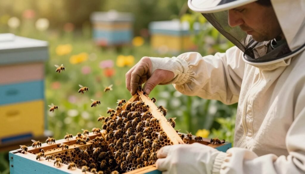 A close-up view of a professional beekeeper in a light-colored, protective suit gently managing a colony of bees during an introduction process. In the foreground, the beekeeper's hands are carefully lifting a bee frame, showcasing attendant bees clustering around a queen bee. The middle ground features a vibrant, bustling hive filled with bees, with some flying energetically in the air. The background reveals a sunny, soft-focus garden with flowering plants, creating a serene atmosphere. The lighting is warm and natural, highlighting the delicate details of the bees and beekeeper's focused expression. The scene conveys a mood of harmony and careful management, emphasizing the importance of maintaining balance during a queen introduction.